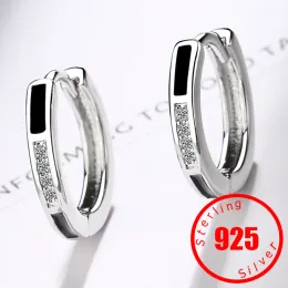 Earrings Stamp 925 Sterling Silver crystal Hoop Earrings Black Earring For Women Classic High Quality Jewelry New