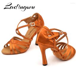 Dance Shoes Ladingwu Brand Latin Women Salsa Bronze Silk Satin Girls Ladys Ballroom Cuban Heel 10cm