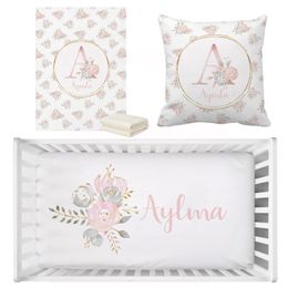 LVYZIHO Personalised Name Blush Gold Floral Bedding Set Birthday Gift Toddler Gift Bedding Set Baby Shower Gift Bedding Set 240408