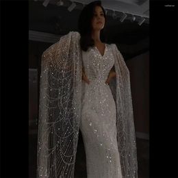 Party Dresses SERENE HILL White Luxury Pearls Beaded Mermaid Cape Sleeves Evening Gowns 2024 For Women Wedding CLA72160