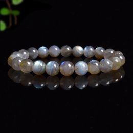 Strands Natural Grey Labradorite Bracelets Flash Smooth Spectrolite Moonstone Round Elastic Beads Bracelet Genuine Natural Stone Jewellery