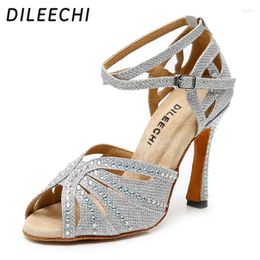 Dance Shoes DILEECHI Silver Glitter Rhinestone Latin Women Salas Ballroom Width High Heel 10cm Waltz Software