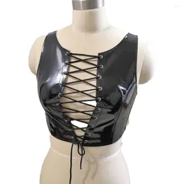 Bras Sets Shiny Crop Top Women Bandage Open Bust Tank Tops WetLook Sexy Pvc Bra Faux Leather Vest Party Backless Lingerie