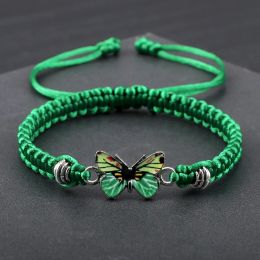 Strands Women Handmade Braided String Bracelet Charm Green Butterfly Pendant Adjustable Charm Bracelet&Bangle Handmade Jewelry Girl Gift