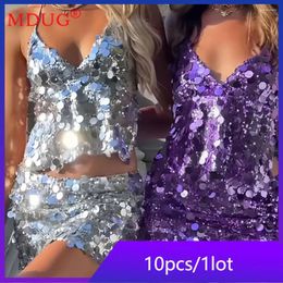 Work Dresses 10sets Bulk Items Wholesale Lots 2 Piece Dress Sets Women Sequins Halter Lace Up Vest Skirts Outfits Sexy Y2k Clothing M13171