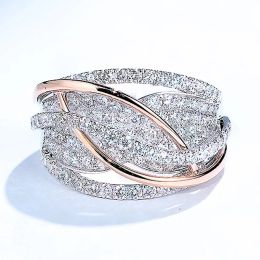 Bands Huitan Temperament Rose Gold Color/Silver Color Two Tone Women Rings Full Paved Sparkling CZ Stone New Wedding Bands Jewelry