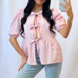 Spring Niche Bow Tie Babydoll Loose Short-sleeved 100%Cotton Poplin Pink Shirt Top for Women