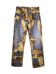 Blue L Light Print Stitching Embroidery Wash Old Jeans V Designer Mans Spring and Autumn Waist Loose Straight Casual Yellow Flower Flare Pants