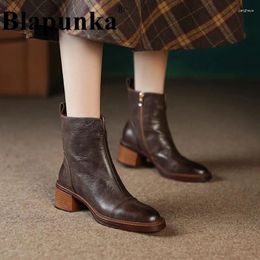 Boots Blapunka Women Real Genuine Leather High Quality V-cut Block Heel Short Zipper Woman Round Toe Shoes Winter Brown 40