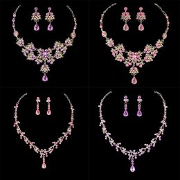 Necklaces DIEZI Luxury Wedding Bridal Purple Pink Crystal Necklace Earrings Jewellery Sets For Women Fashion Water Drop Rhinestone Jewellery