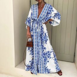 Boho Deep V Neck Waist Drawstring Long Dress Women Spring Pattern Print Vintage Maxi Dress Summer Short Sleeve Loose Beach Dress 240419