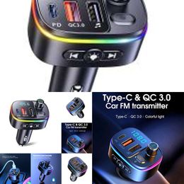 New New Car FM Transmitter Bluetooth-compatible Vehicle Battery Chargers 5.0 Handsfree Mp3 Player PD Type C QC3.0 USB Fast Charge Colorful Light Accessories T65