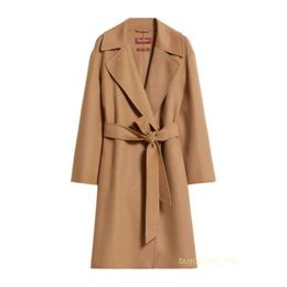 Women's Coat Cashmere Coat Luxury Coat MAX Maras Womens Camel Fabric Silk Blended Polo Collar Long Sleeved Tunic Coat