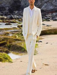 Summer Beach Ivory Linen Men Suits Wedding Suit Casual Suits Groom Bridegroom Tuxedos Lapel Coat Pant 3 Piece Jacket PantsTie6489711