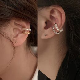 Earrings Fashion Pearl Twist Chain Tassel Clip Earrings for Women Unisex Minimalist Fake Piercing Earbone Ear Cuff Jewelry Gifts