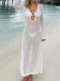 Women Knit Bikini Cover Ups Crochet Cutouts Long Sleeves Split Beach Dress For Swimsuit Summer Clothes
