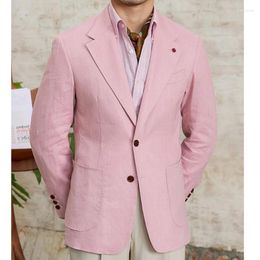 Men's Suits High Quality Linen Italian Stylish Blazer Men Casual Breathable Half Lining Hombre Vintage Suit Jacket Pink White