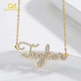 Qitian Personalised Name Necklace CZ Crystal Name Chain Iced Out Zirconia Necklaces Customised Necklace Jewellery For Women Gift 240409