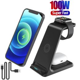 Chargers 100W 3 In 1 Wireless Charger Stand For iPhone 14 13 12 11 8 Apple Watch Qi Fast Charging Dock Station for Airpods Pro IWatch 7 6