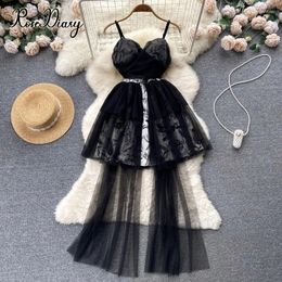 Casual Dresses RoseDiary Women Dress Early Autumn Temperament Light Luxury Black Chiffon Mesh Cake Suspender Party Celebrity Vintage