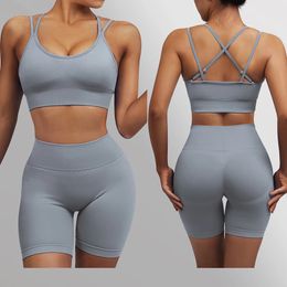 Yoga Shorts Set Seamless Fitness Sports Suits Workout Clothes for Women Sportswear Sexy Crop Top Gym Wear 240415