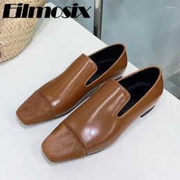 Casual Shoes 2024 Horsehair Rhinestone Square Toe Leather Women Retro Slip-No Loafers British Style Flat Heels