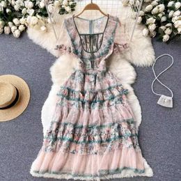 Party Dresses Luxury Fashion Summer Mesh Long Dress Chic Elegant Women Square Collar Layers Ruffles Flower Print Lace Up Cake Vestidos