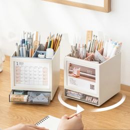 Boormachine Creative 360 ° Rotary Pen Holder with Desk Calendar Desktop Stationery Organiser Large Capacity Pencil Storage Box School Office