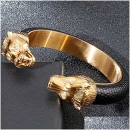 Cuff 14K Yellow Gold Lion Head Open Bangles For Men Elastic Adjustable Leather Bracelets Boys Hand Accessories Jewellery Drop Delivery Dhud5