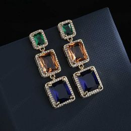 Dangle Chandelier 925 Silver Colourful Rhinestone Geometric Earrings Square Fashion Wild Stud Not Easy To Allergic Jewellery H240423