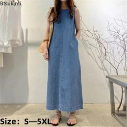 Casual Dresses 2024 Women's Summer Sleeveless Jeans Dress Simple Style Solid Elegant Robe Female Pocket Design Commuter Gown 5XL