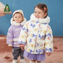Coats Amila Babies Coat Winter Girls Children Graffiti Casual Hooded Fur Collar Down Jacket Baby Boys Warm Fashion with Pockets Clothe