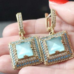 Dangle Chandelier Classical Women Earrings Gold Colour Square Green White Stones Wedding Engagement Party Bridal Jewellery H240423
