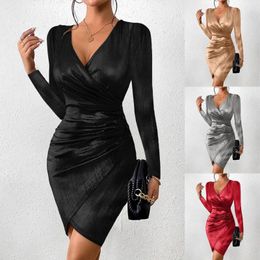 Casual Dresses Sexy Elegant For Women 2024 Metallic Ruched Wrap Party Dress V Neck Long Sleeve Slim Binding Female Clothing