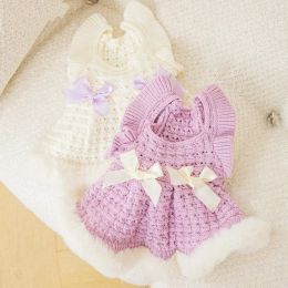 Dresses Pet Dog Clothes Cute Bow Dog Fly Sleeves Skirt Winter Warm Puppy Sweater Dress Fashion Cat Princess Skirt Chihuahua Pet Clothes