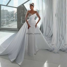 Modern Crystals Beaded Satin Wedding Dress With Detachable Train Long Sleeves Chapel Bridal Gowns Pleats White Garden Bride Dresses Spring Vestido De Novia