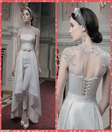 2017 New Style Tulle High Collar Beaded Sequins Sleeveless Pantsuit Satin Wedding Gowns Keyhole Bandage Back Bridal Gowns Detachab6905010