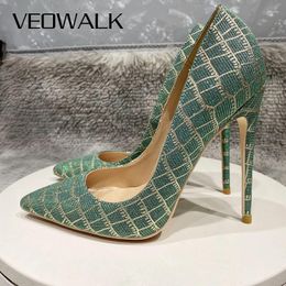 Dress Shoes Veowalk Gold Embossed Crocodile Effect Women Green Pointy Toe Stiletto Pumps Sexy High Heel For Party 8cm 10cm 12cm