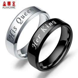 Bands Auxauxme 6mm Her King His Queen Ring For lovers Jewellery Black Stainless Steel Couple Wedding Rings Valentine's Day Gift