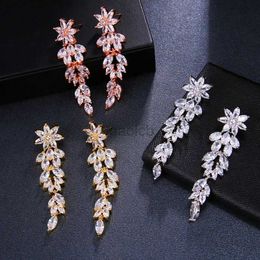 Dangle Chandelier Ekopdee Luxury Flower Long Tassel Earrings Women Vintage Bling Cubic Zirconia Bridal Earrings Female Bridal Wedding Jewellery New d240323