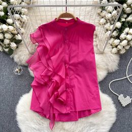 Women's Blouses Blusa Feminina Tierred Flounced Edge Single Breasted Button Sleeveless Blouse For Women Solid Designer Camisas Summer