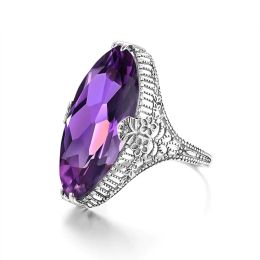 Bands Huitan Gorgeous Big Marquise Purple CZ Finger Ring for Women Hollow Out Flower Aesthetic Lady Accessories Wedding Trendy Jewellery