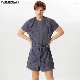 Men's Shorts INCERUN 2024 American Style Mens Jumpsuits Fashion Stripe Design Short Sleeved Casual Streetwear Rompers S-5XL