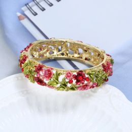 Bangle Coloured Enamel Flower Bangles Alloy Openwork Engraving Vintage Floral Bracelets Red Purple Rose Bracelets For Women Jewellery Gift