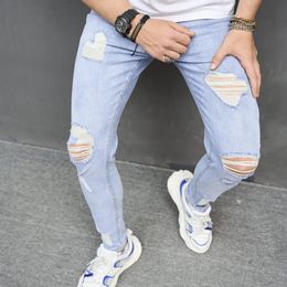 Men Skinny Jeans Trousers Holes Street Style Fashion Solid Slim Fit Ripped Cotton Stretch Denim Pants For Mens 240417
