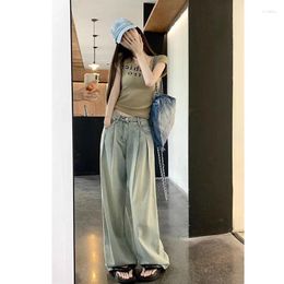 Women's Jeans Retro Do Old Washed Loose Leg Women Spring Summer 2024 High Waiste Pleated Design Fashion Straight Floor Mop Pants