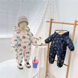 Coats Autumn Winter Baby Girl Romper Cartoon Graffiti Hooded Plus Velvet Toddler Boy Jumpsuit Newborn Snowsuit Infant Overalls Outfit