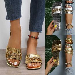 Slippers 2024 New Gold and Silver Womens Summer Slide Fashion Street Style Chain Flat Shoes Shining Beach Luxury Flip H240423