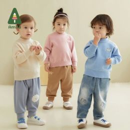 Parts Amila Baby Sweater 2023 Spring New Solid Colour Turtleneck Plain Boys and Girls Allmatch Cartoon Embroidery Children's Clothes