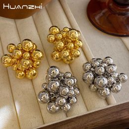 HUANZHI Sliver Color Balls Grape String Beads Hollow Ball Stud Earrings for Women Girls Chunky Exaggerated Metal Jewelry 240423